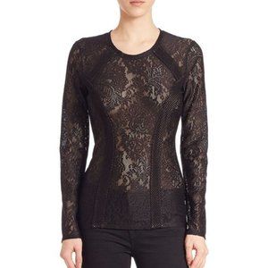 BCBG MAXAZRIA - Mikayla Black Paisley Stretch Lace Long Sleeve Top - Size M